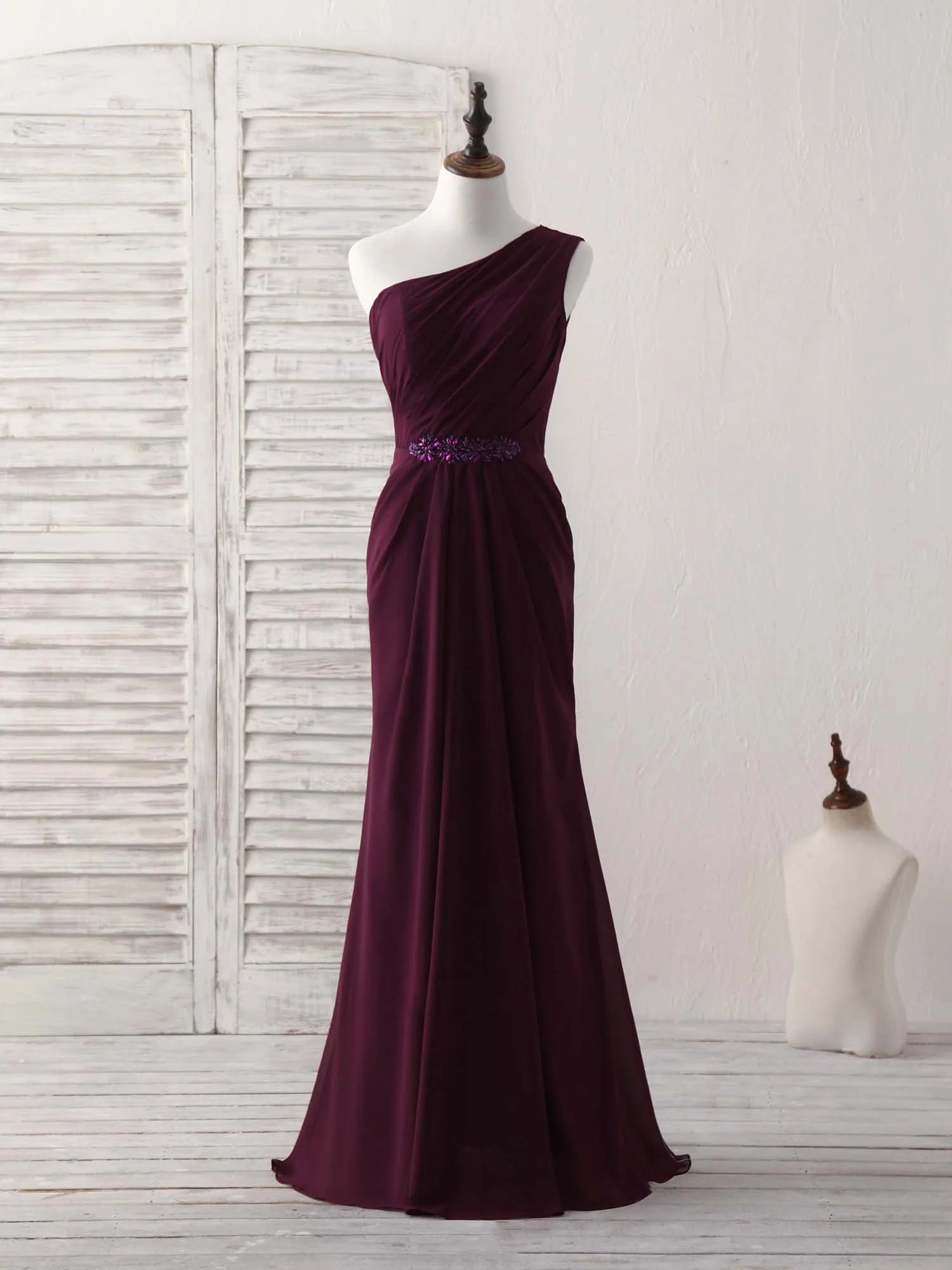 Buyishang Burgundy One Shoulder Chiffon Mermaid Long Prom Dresses Bridesmaid dress shop